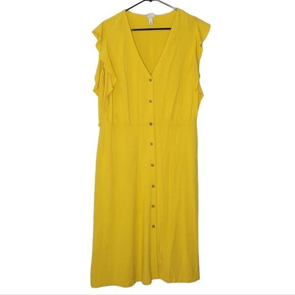 A New Day Yellow Rayon Ruffle Sleeve V-neck Button Front Midi Dress Women's XL